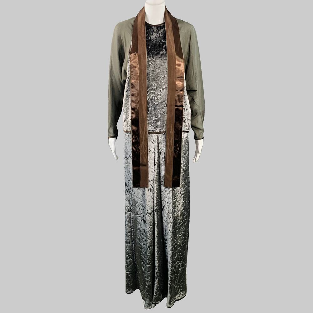 GEOFFREY BEENE Size 6 Grey Green Brown Silk Polyester Velvet Top Skirt Set